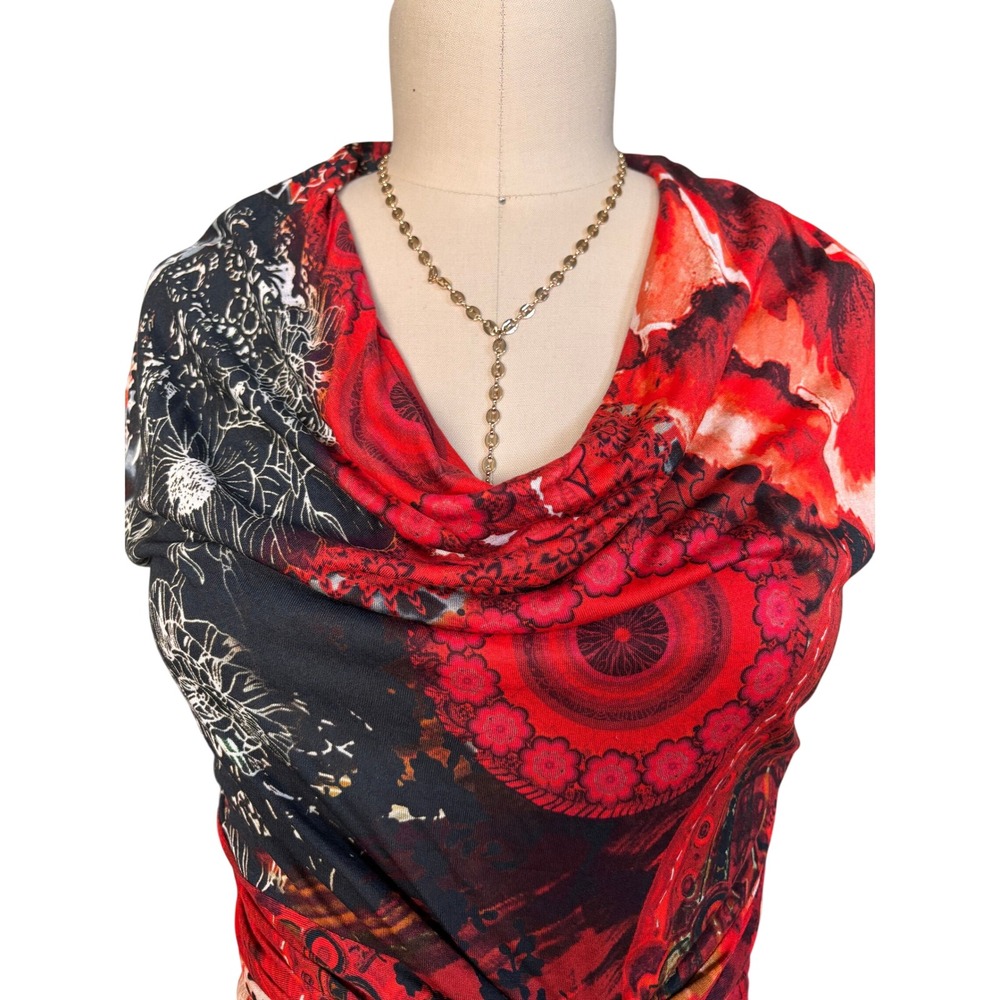Abstract Floral Desigual Sheath Dress Twist Front Cowl Neck Size S/M Red Black - Picture 6 of 8